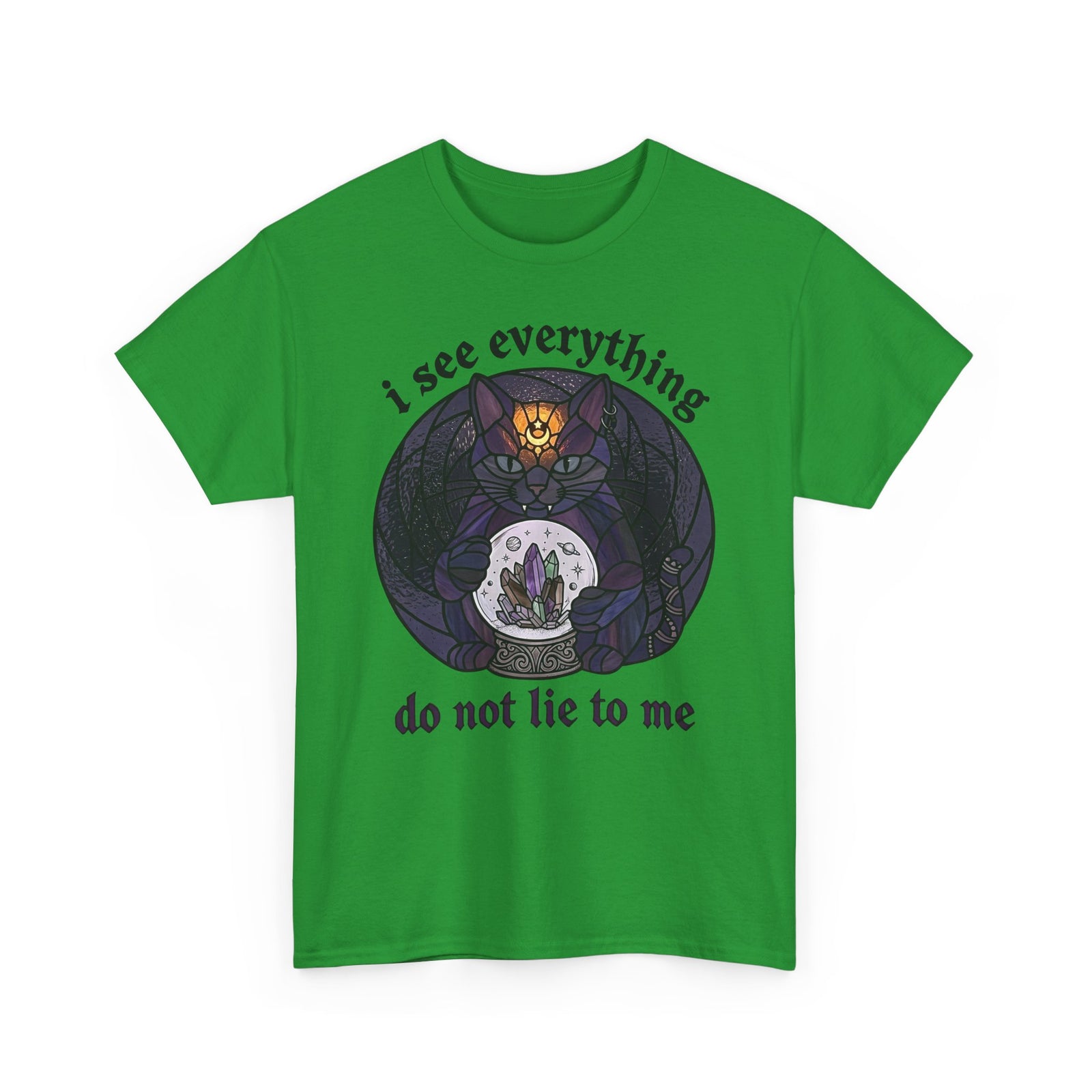 Mystic Fortune Teller Cat T-Shirt "I See Everything" Stained Glass Spiritual Kitten
