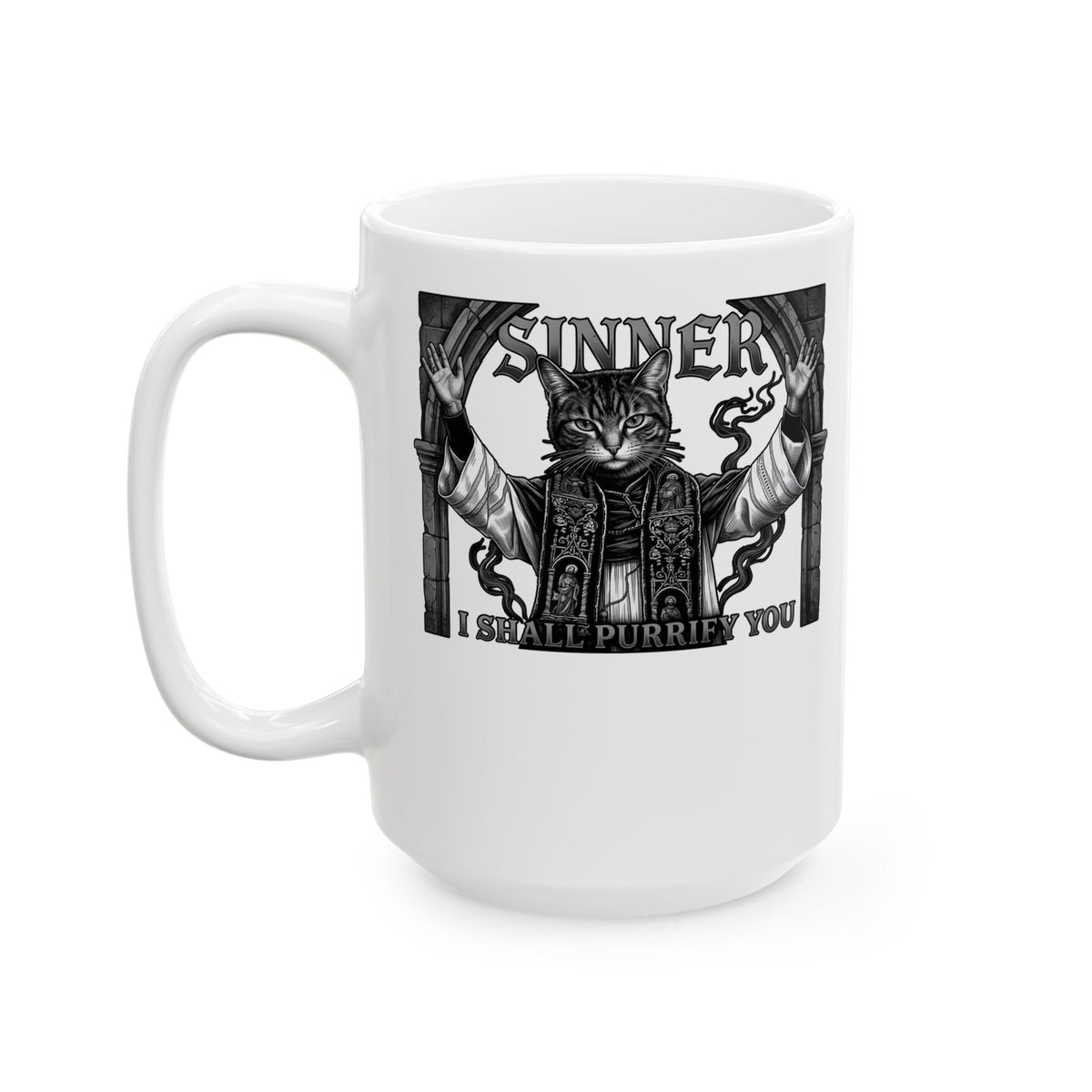 Sinner Shall I Purrify You Cat Mug — 'Purriest' Funny Gothic Cat Mug