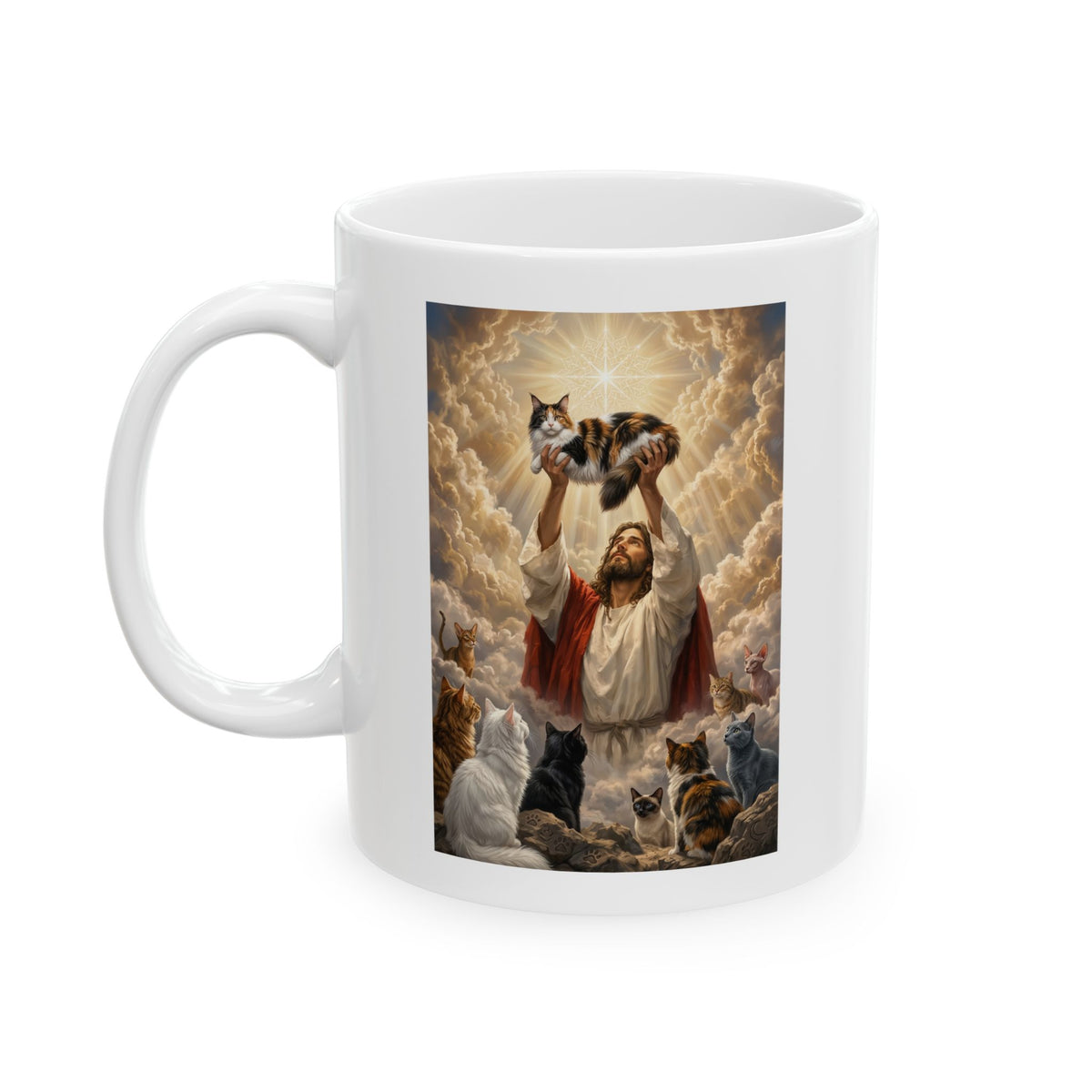 Jesus With Cats Ceramic Mug — Christian Cat Lover Mug