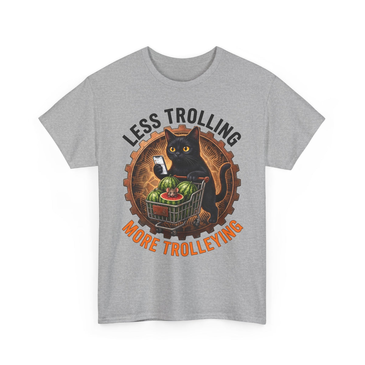 Less Trolling More Trolleying T-Shirt — Funny Black Cat Shopping Cart Pun Tee