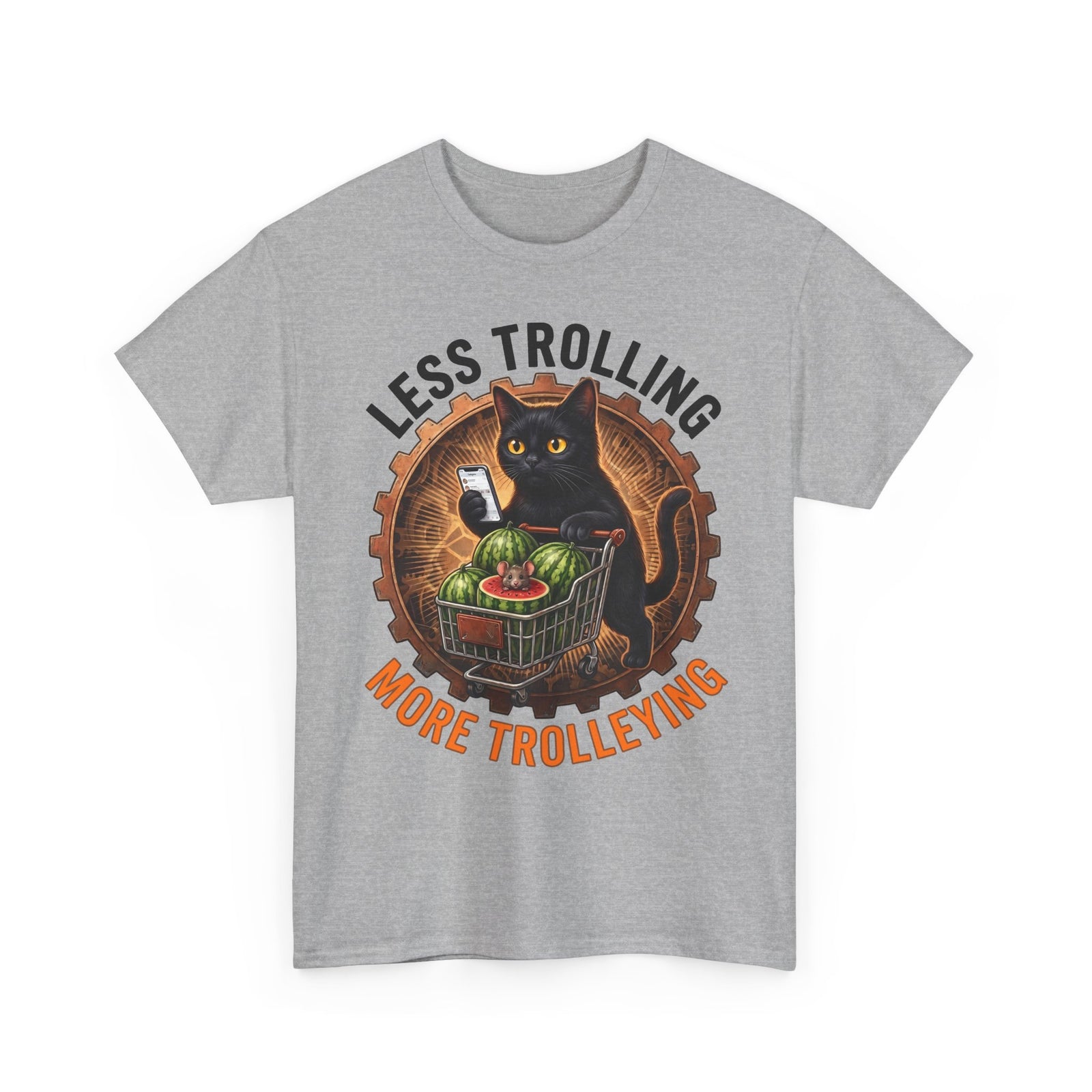 Less Trolling More Trolleying T-Shirt — Funny Black Cat Shopping Cart Pun Tee