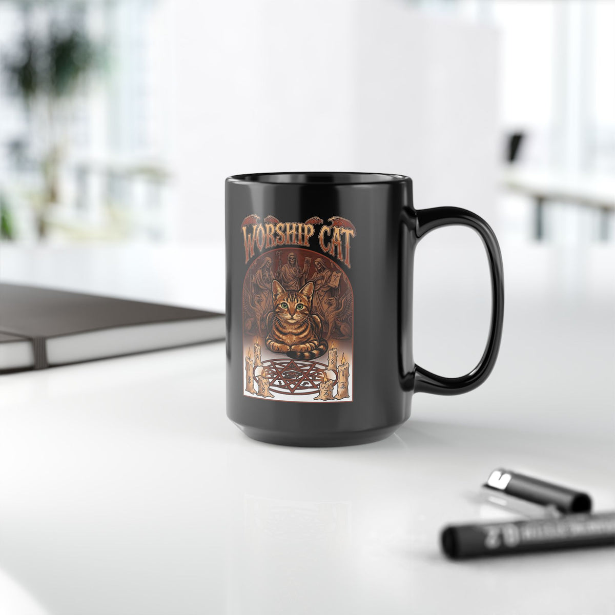 Worship Cat Black Mug — Cute Cat Faith Graphic Mug