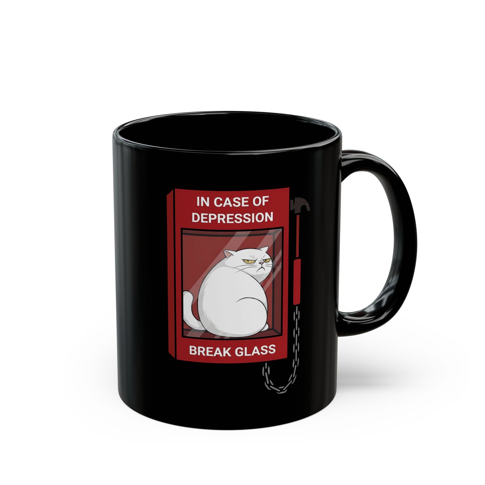 In Case Of Depression Break Glass Black Mug — Funny Grumpy White Cat Emergency Mug
