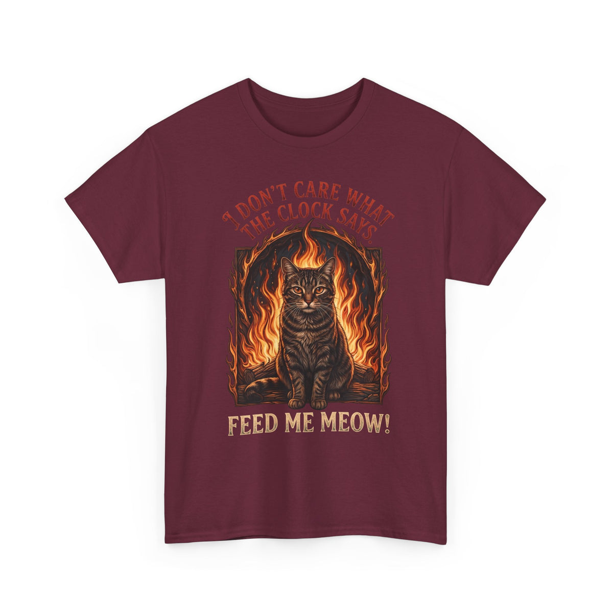 Feed Me Meow T-Shirt — Funny Hungry Tabby Cat Fiery Graphic Tee