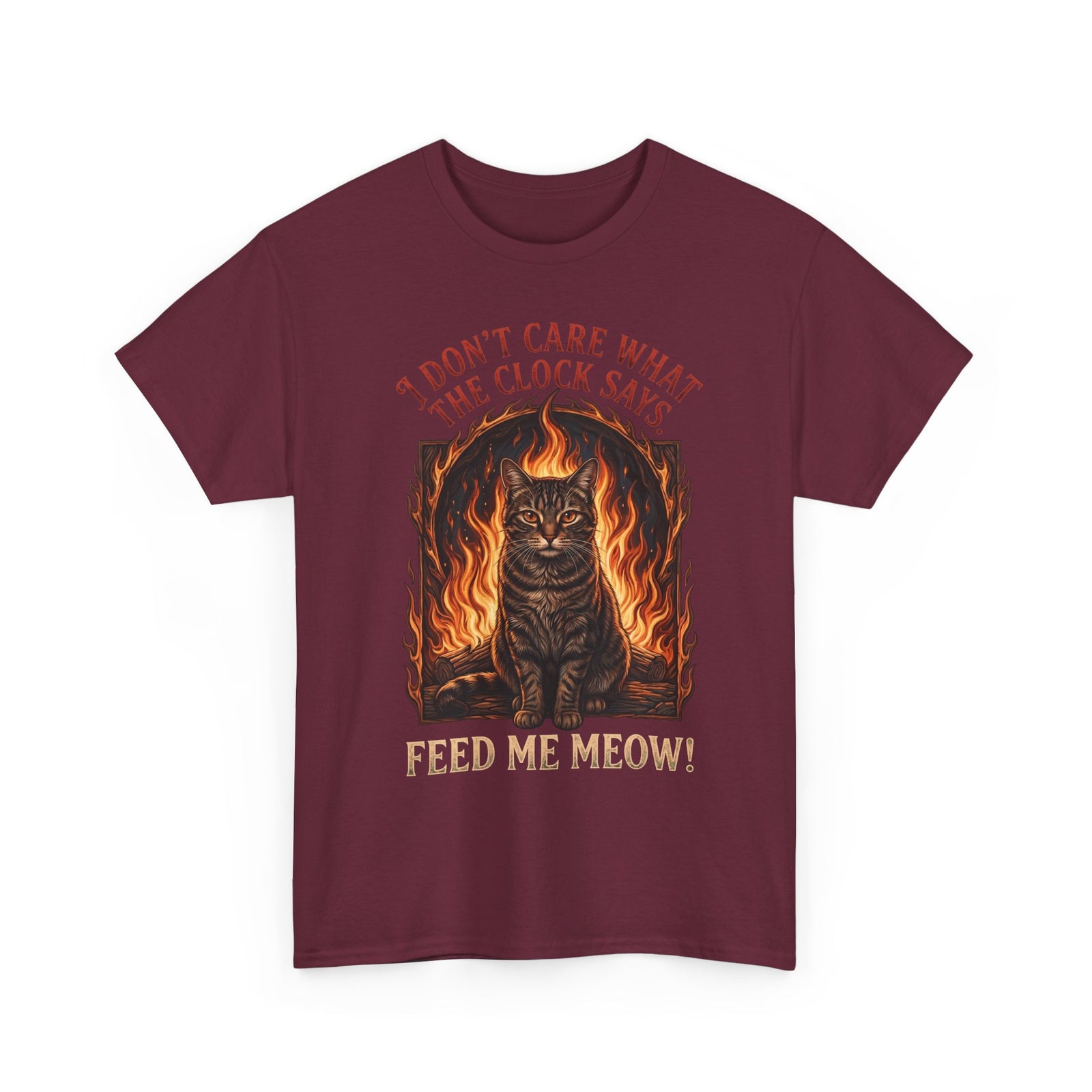 Feed Me Meow T-Shirt — Funny Hungry Tabby Cat Fiery Graphic Tee