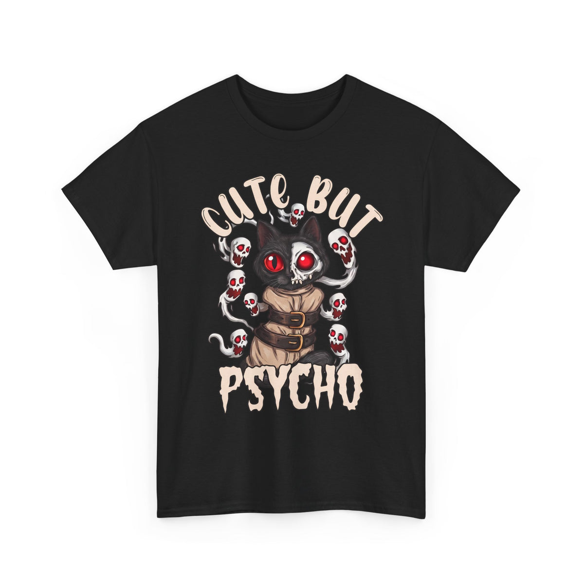 Cute But Psycho T-Shirt — Funny Straightjacket Black Cat Horror Tee