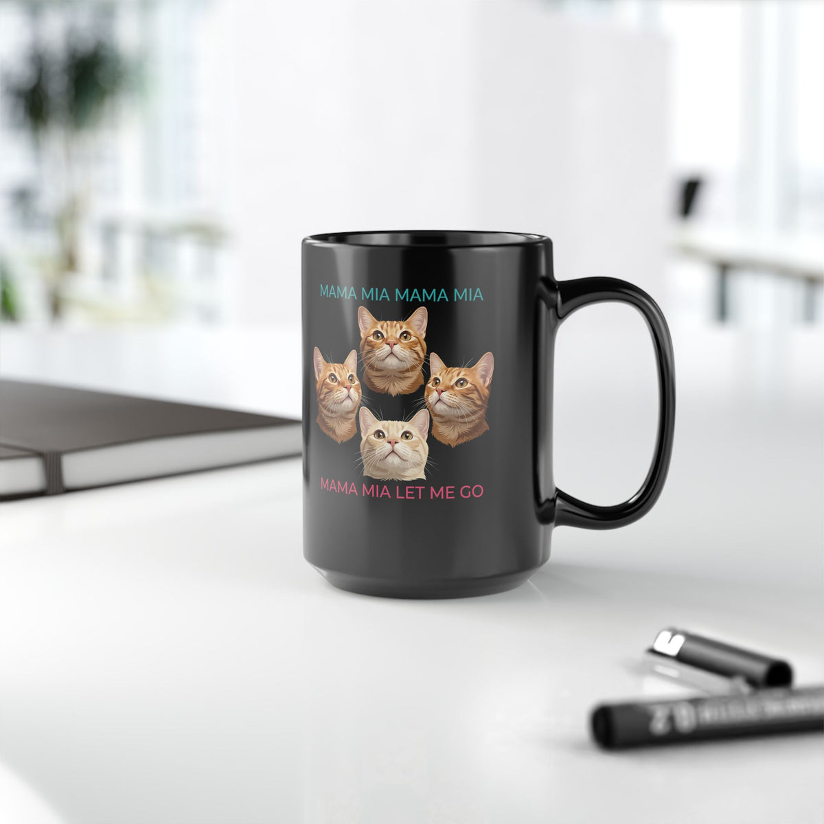 Funny Cat Rock Band Black Mug — "Mamma Mia Let Me Go" Parody