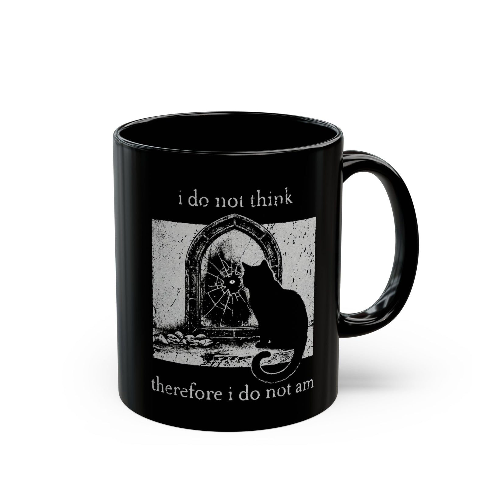 Vintage Black Cat Black Mug — "I Do Not Think Therefore I Do Not Am"