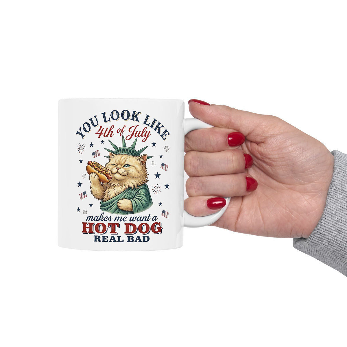 4th of July Cat & Hot Dog Ceramic Mug — Patriotic Fourth of July Mug