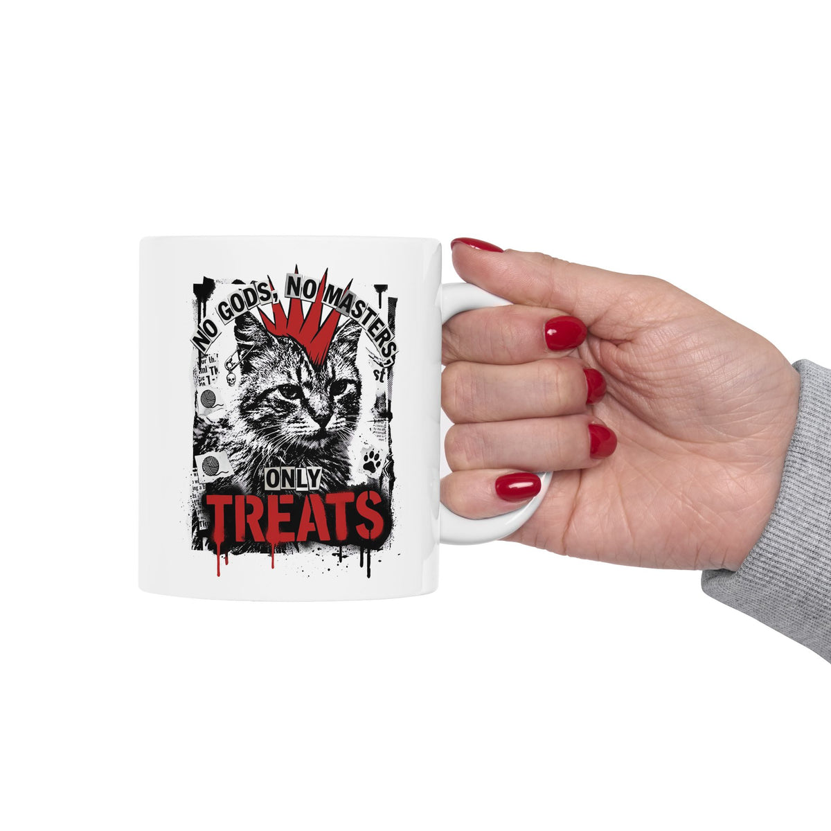 Punk Cat Mug — “No Gods No Masters, Only Treat” Graphic Ceramic Mug