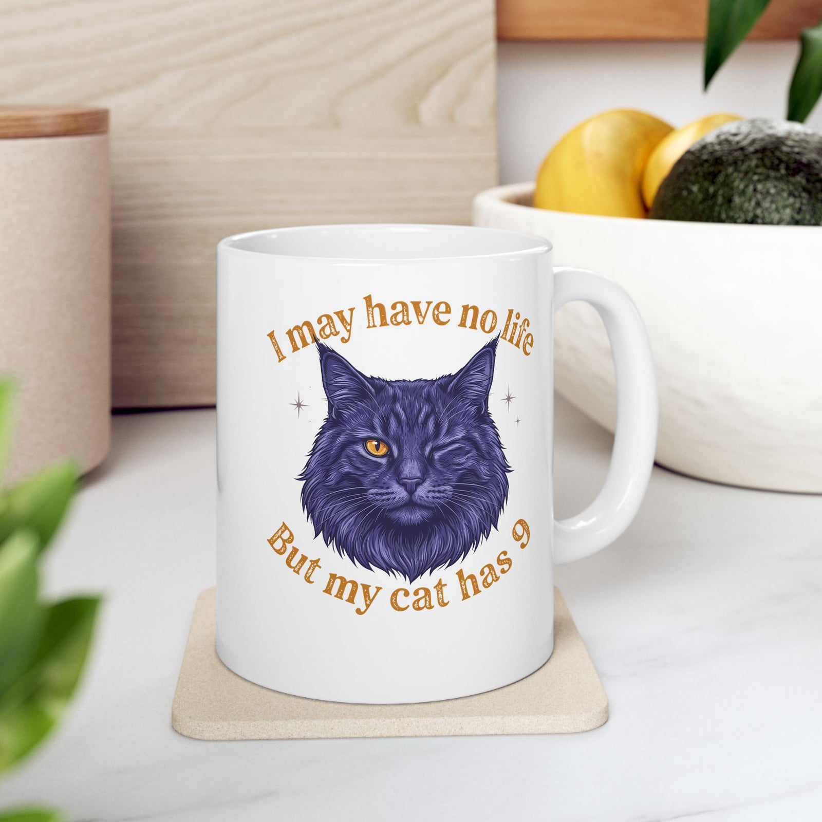 Cat Lover T‑Mug — “I May Have No Life But My Cat Has 9” with Illustrated Cat