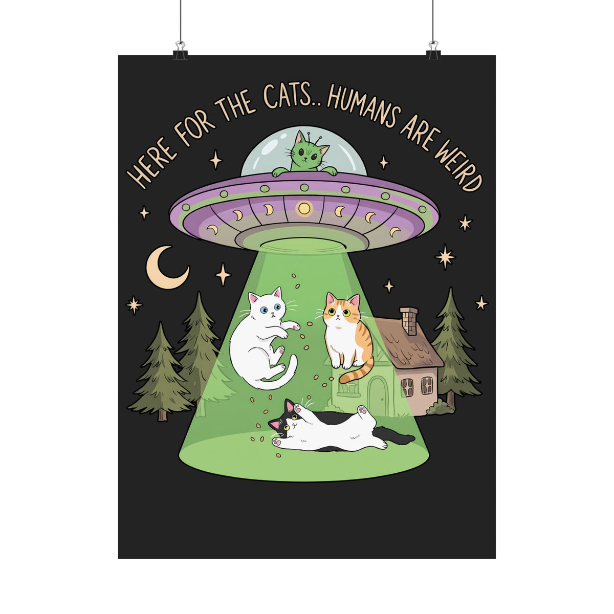 Here For The Cats Humans Are Weird Poster — Funny Alien UFO Cat Poster