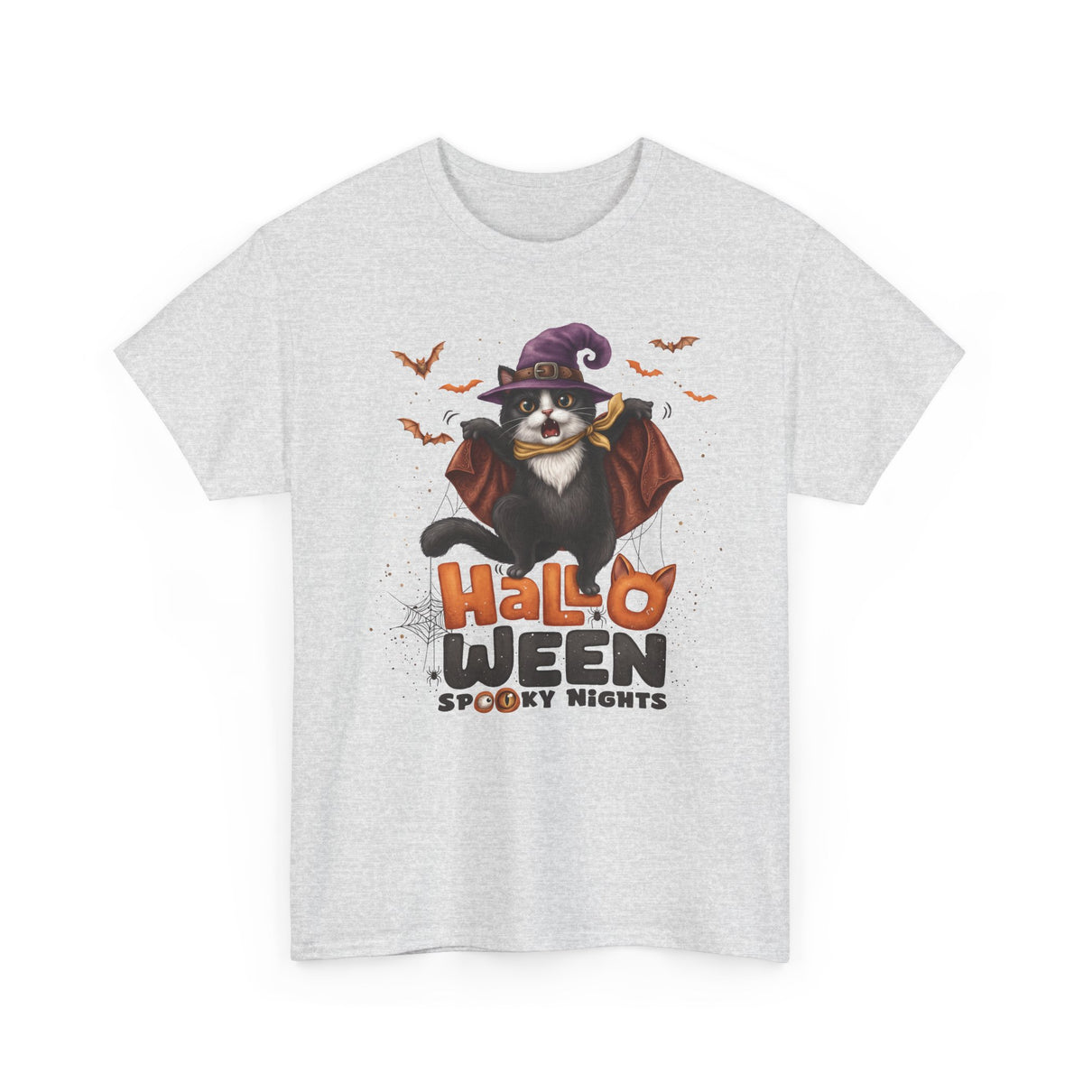 Halloween Spooky Nights Tuxedo Cat T-Shirt — Cute Flying Witch Cat Tee