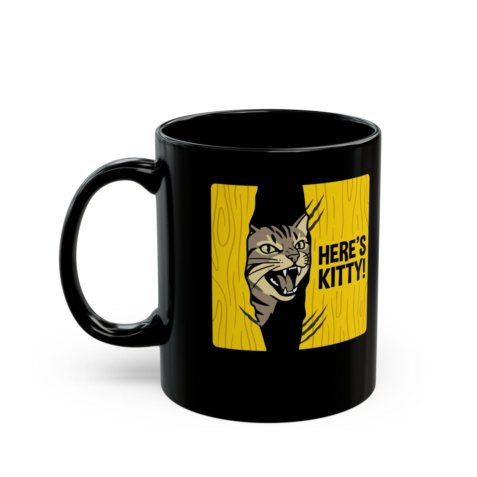 Funny Cat Parody Black Mug — "Here's Kitty" Graphic Mug