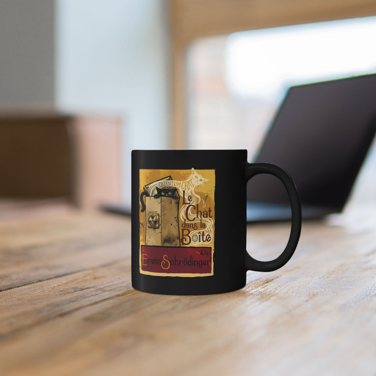 Le Chat dans la Boite Cat Black Mug — Cute French Cat Graphic Mug