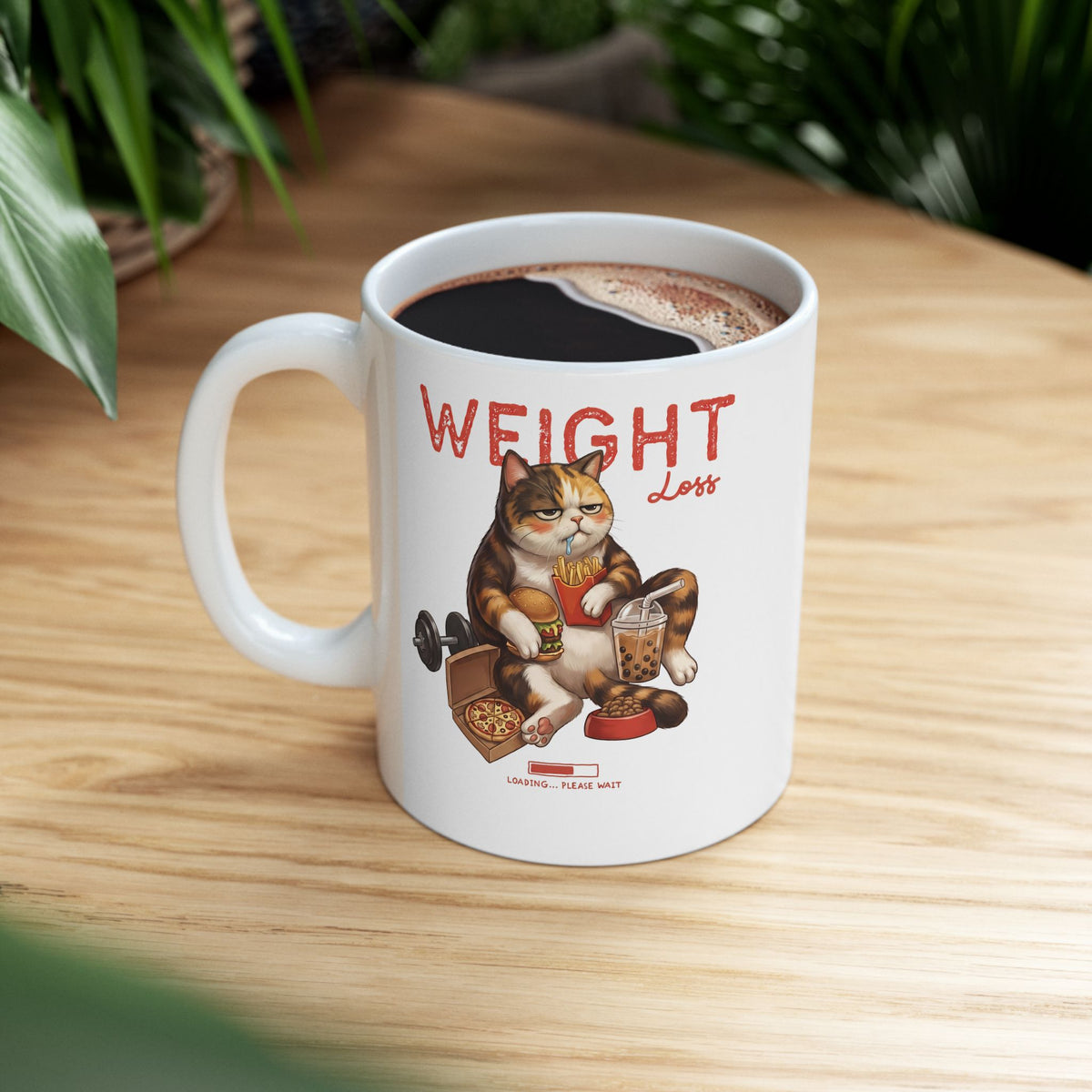 Weight Loss Loading Funny Cat Ceramic Mug — Chubby Calico Junk Food Mug