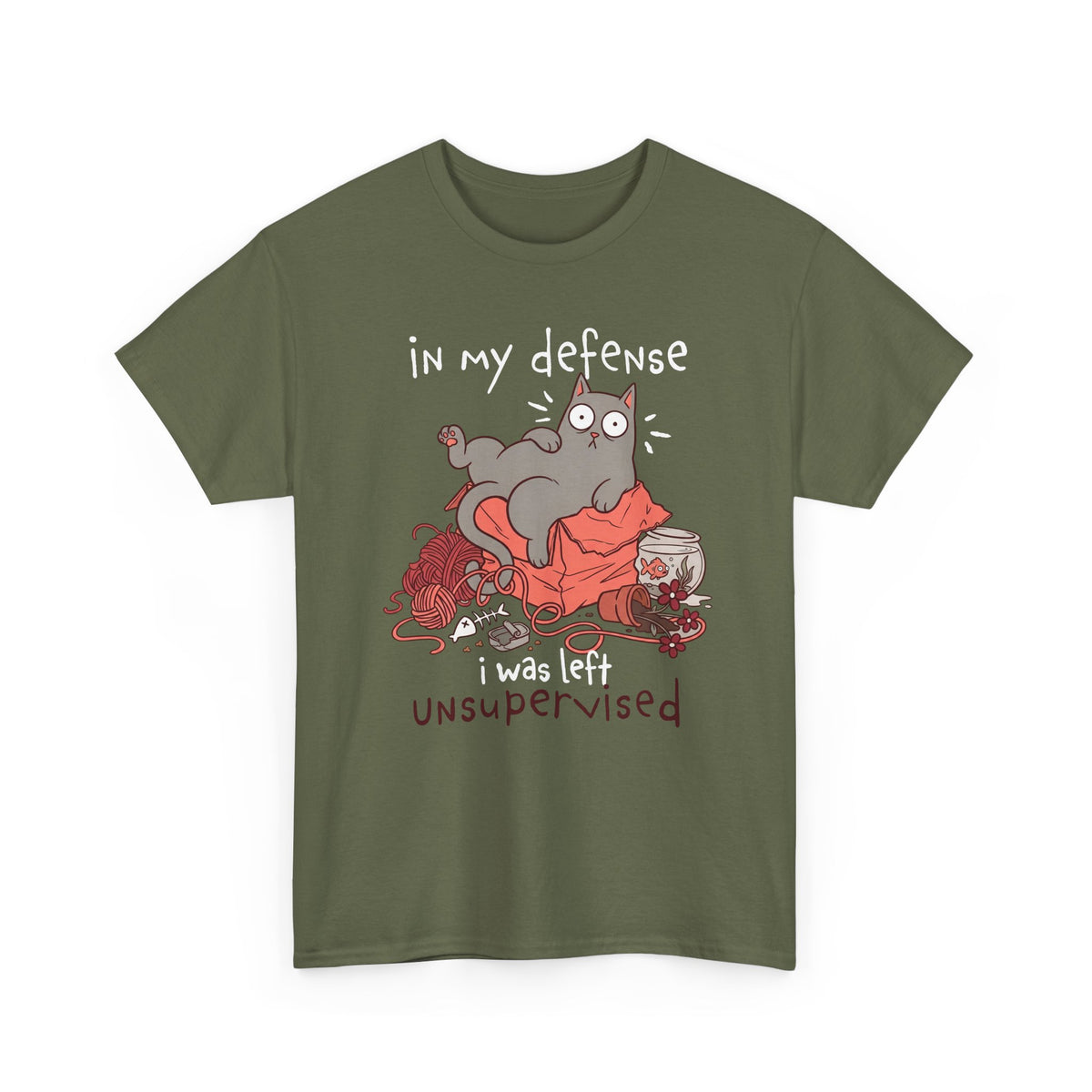 Cute Messy Cat T-Shirt — "In My Defense, I Was Left Unsupervised" Cat Tee