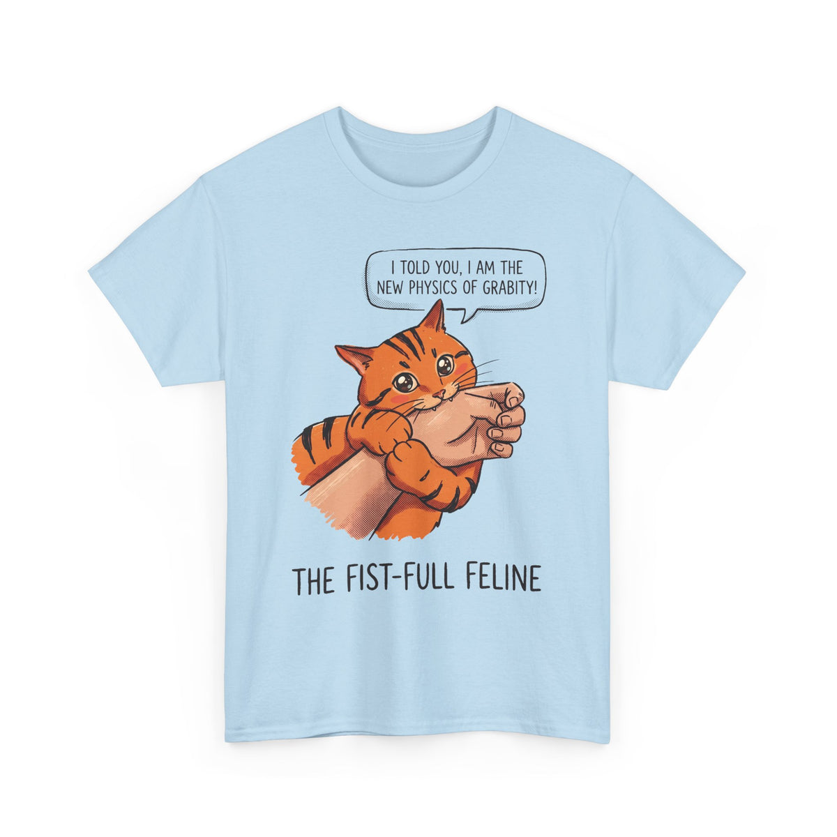The New Physics Of Grabity T-Shirt — Funny Orange Cat Biting Hand Tee
