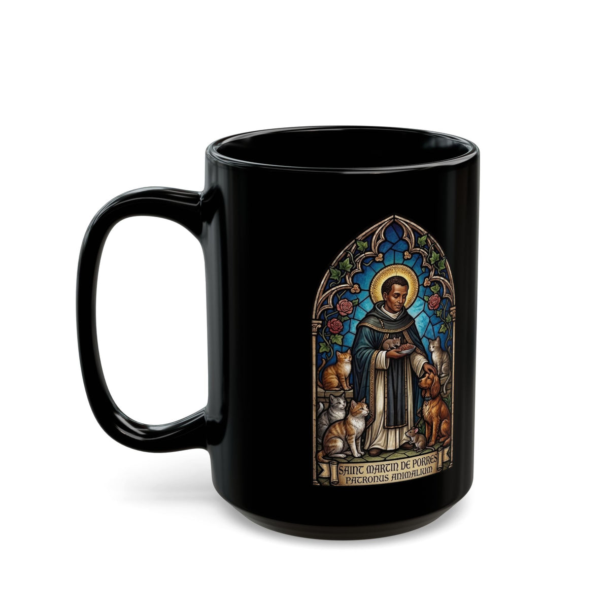 Saint Martin de Porres Cat Lovers Black Mug — Patron of Animals Mug