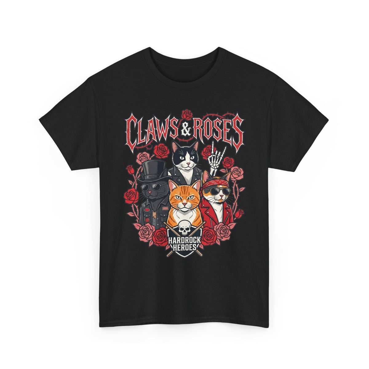 Claws &amp; Roses Cat Band Tee - Rock 'N' Roll Feline Graphic T-Shirt