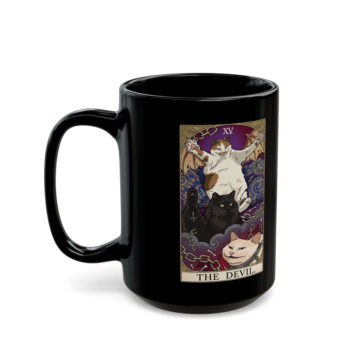 The Devil Cats Tarot Black Mug — Mystical Cat Tarot Illustration
