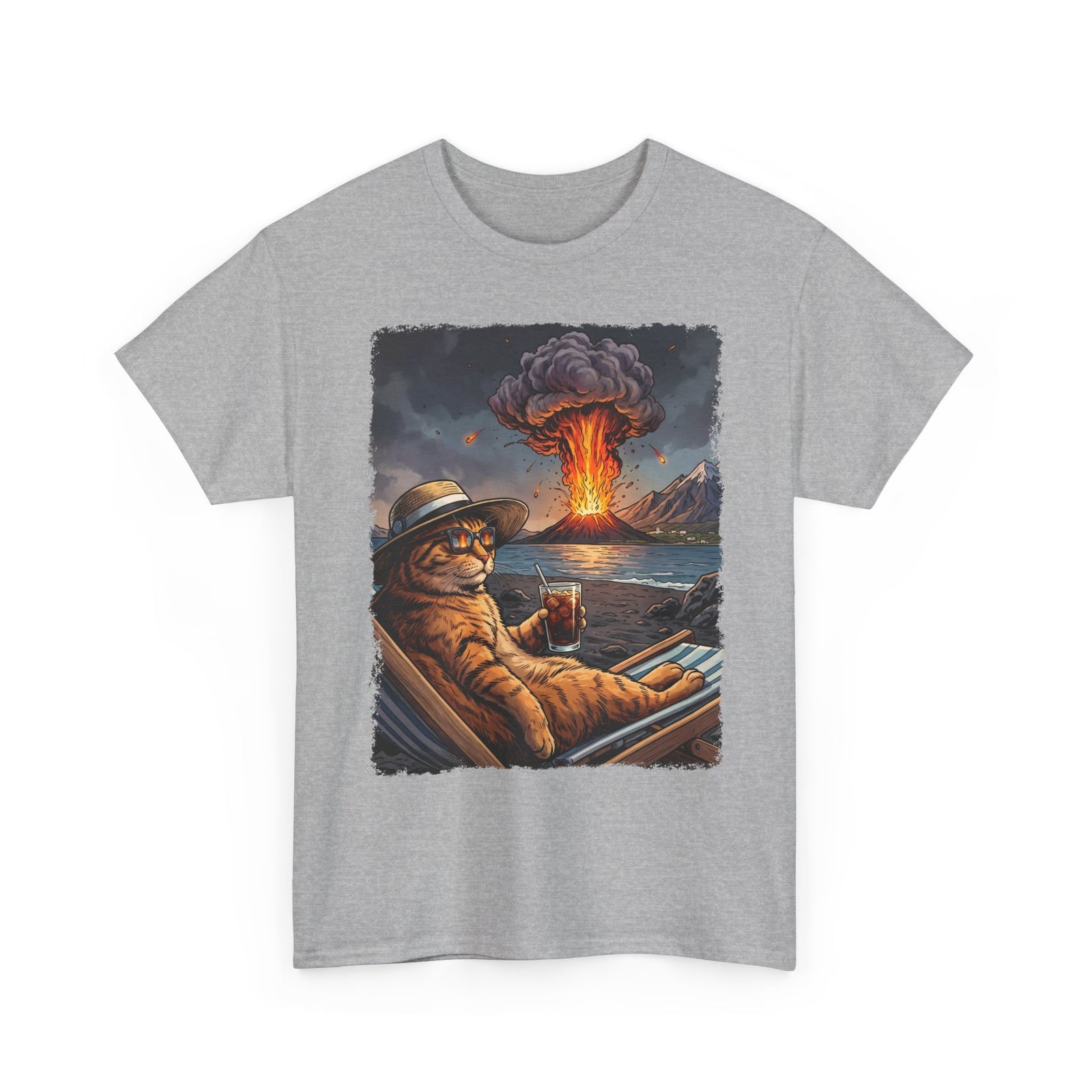 Unbothered Orange Cat Volcano T-Shirt — Funny Chaos Beach Lounging Tee