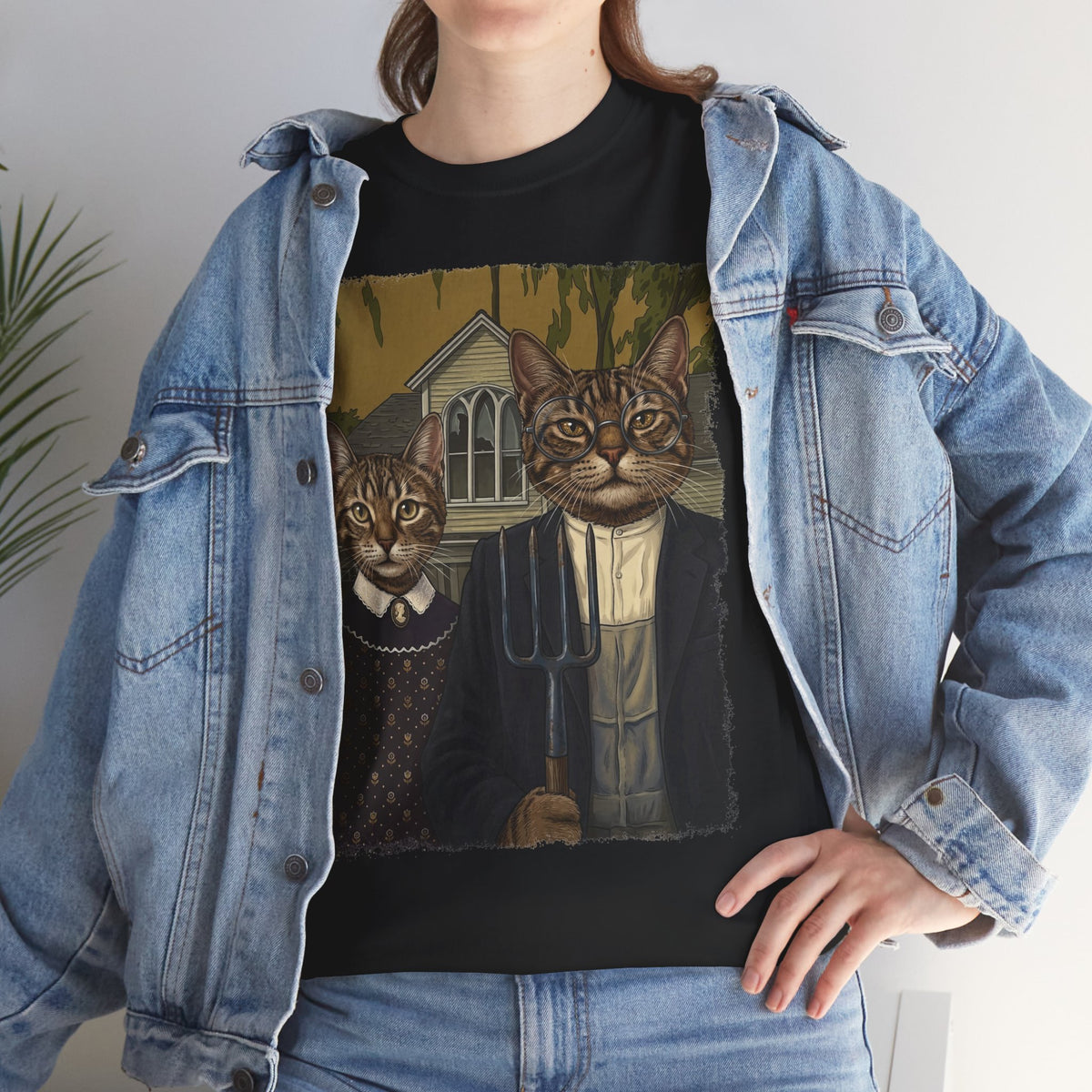 Gothic Cat Couple Tee — Parody ‘American Gothic’ Cat Portrait T-Shirt