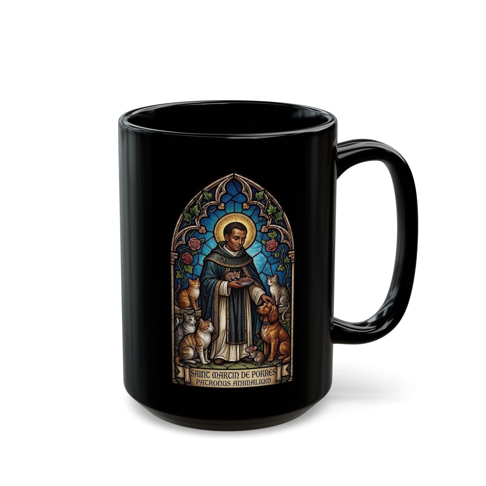 Saint Martin de Porres Cat Lovers Black Mug — Patron of Animals Mug