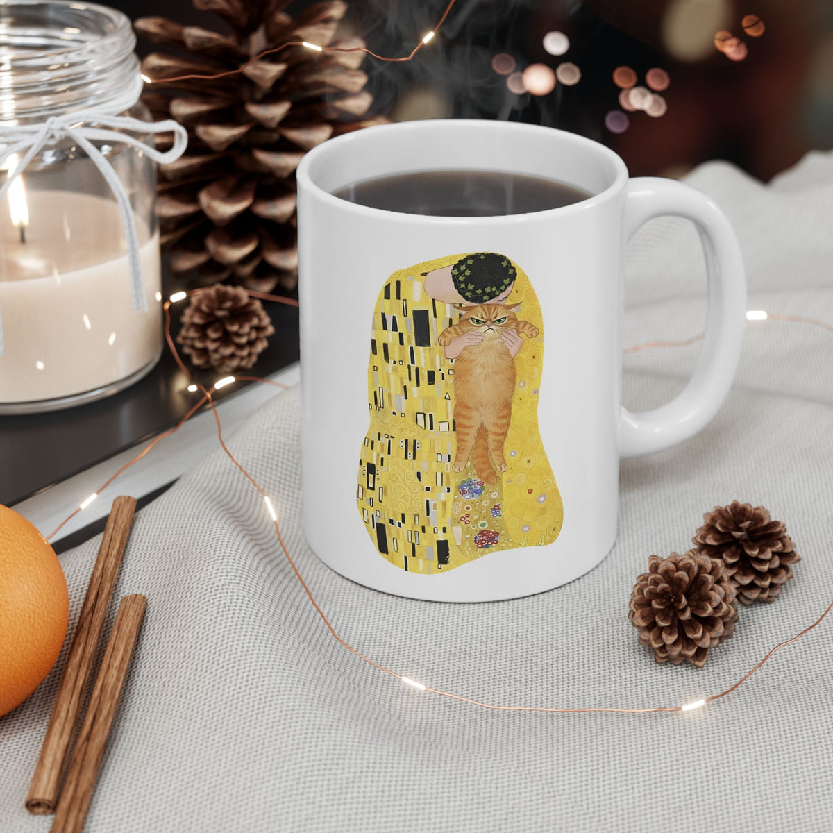 Cat & The Kiss Ceramic Mug — Romantic Cat Illustration Mug
