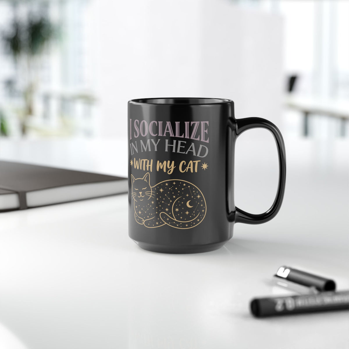 I Socialize in My Head With My Cat Black Mug — Funny Cat Lover Mug