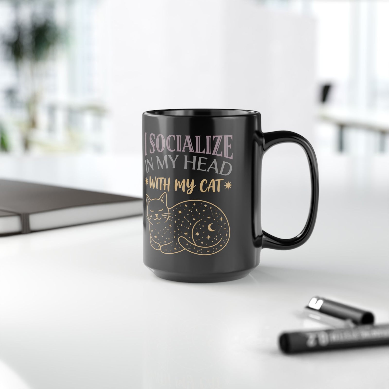 I Socialize in My Head With My Cat Black Mug — Funny Cat Lover Mug
