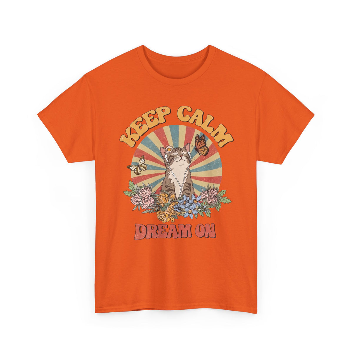 Keep Calm Dream On Cat T-Shirt — Retro 70s Hippie Feline Graphic