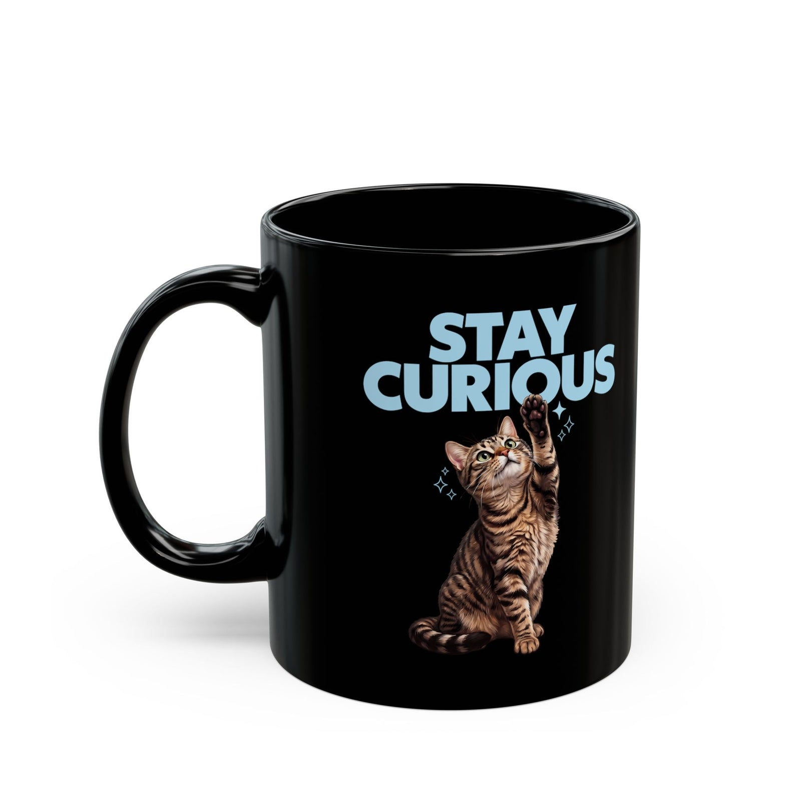 Stay Curious Tabby Cat Black Mug — Cute Reaching Feline Graphic Mug