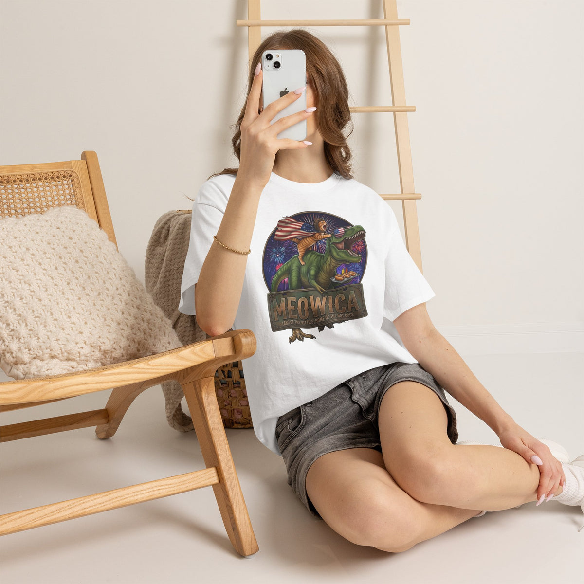4th of July Cat Riding T‑Rex T‑Shirt "Meowica: Land of the Kitties" Patriotic Graphic