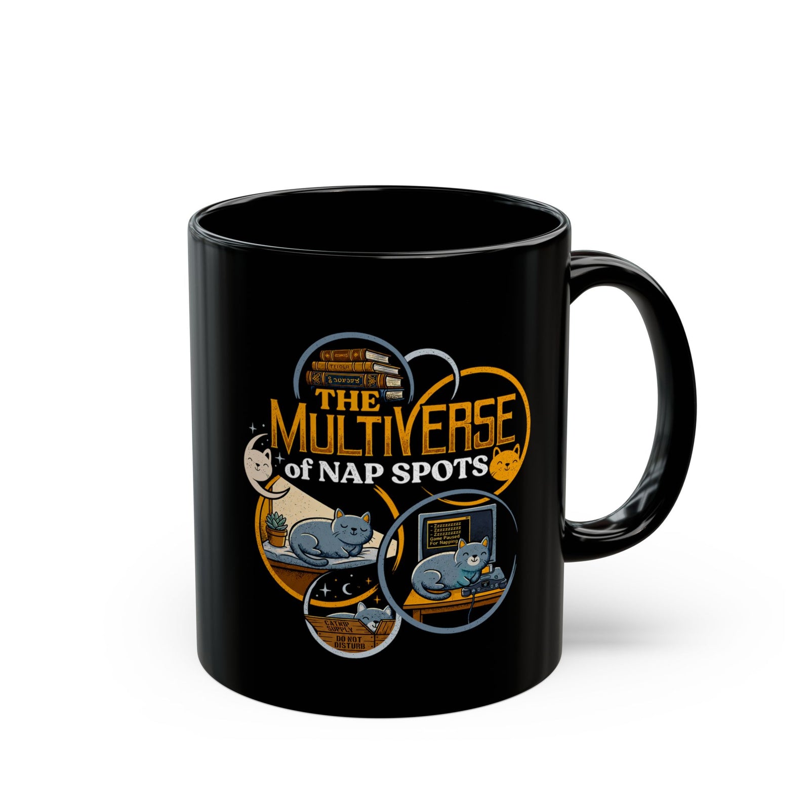 Multiverse Nap Spots Cute Cat Black Mug — Cute Cat Nap Graphic Mug