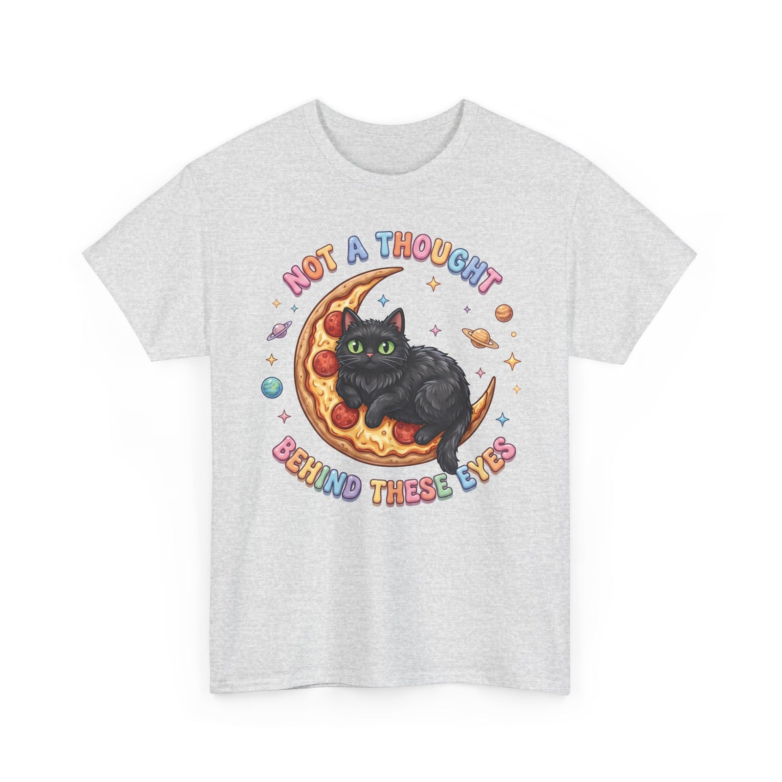 Not A Thought Behind These Eyes T-Shirt — Funny Black Cat Pizza Moon Tee