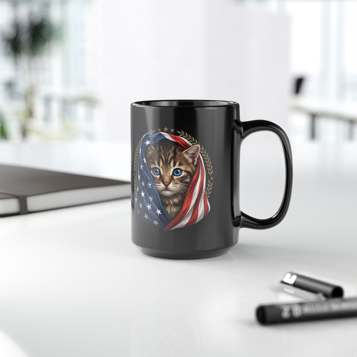Patriotic American Flag Cat Black Mug Cute Kitten USA Pride