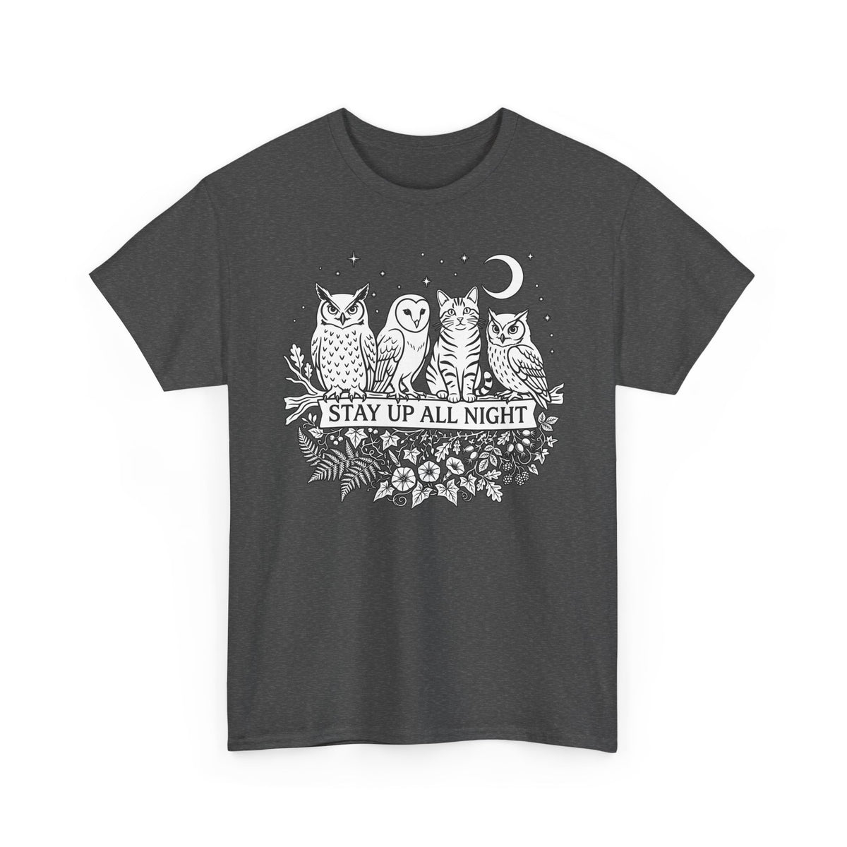 Cat Stays Up All Night T-Shirt — Cute Night Owl Cat Tee