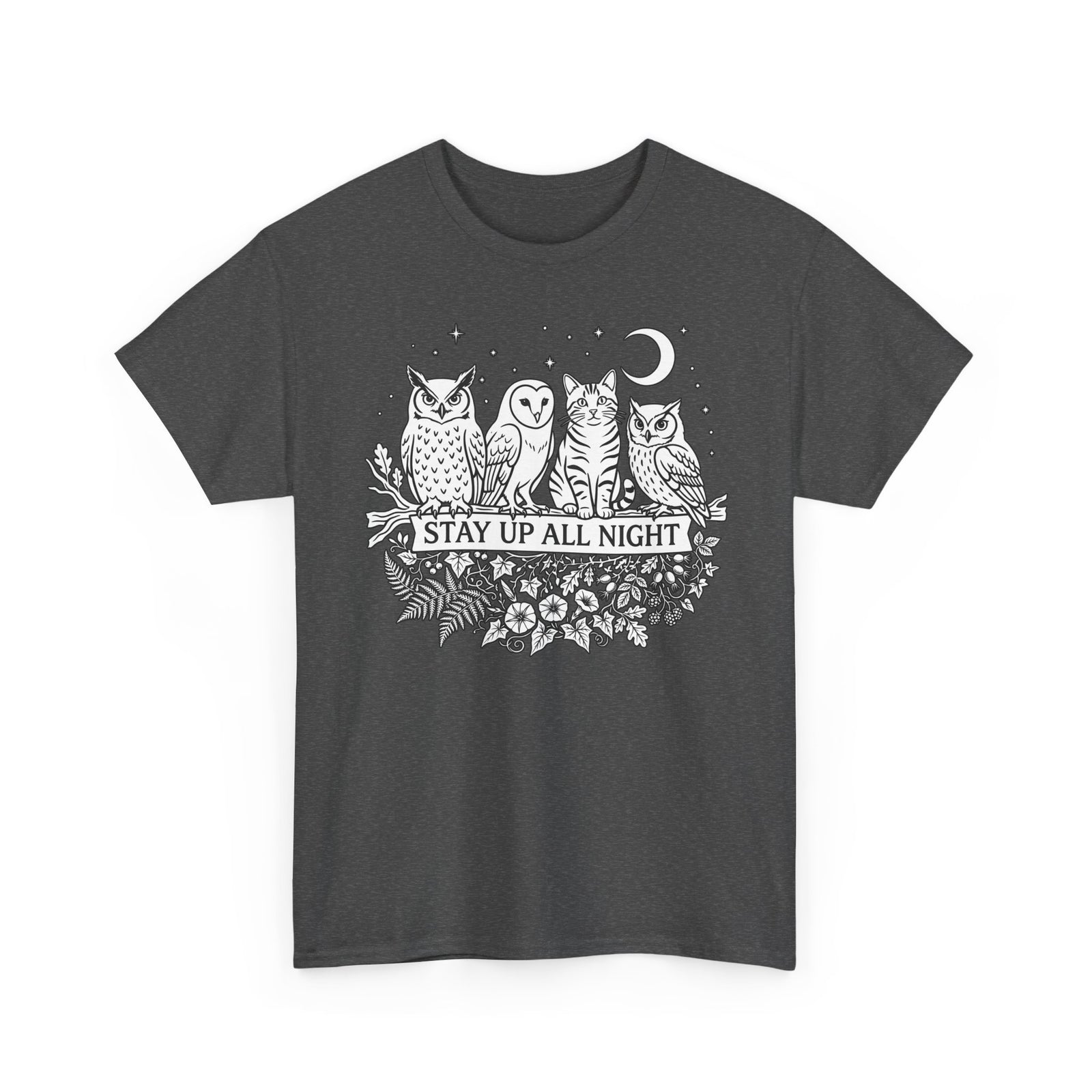 Cat Stays Up All Night T-Shirt — Cute Night Owl Cat Tee