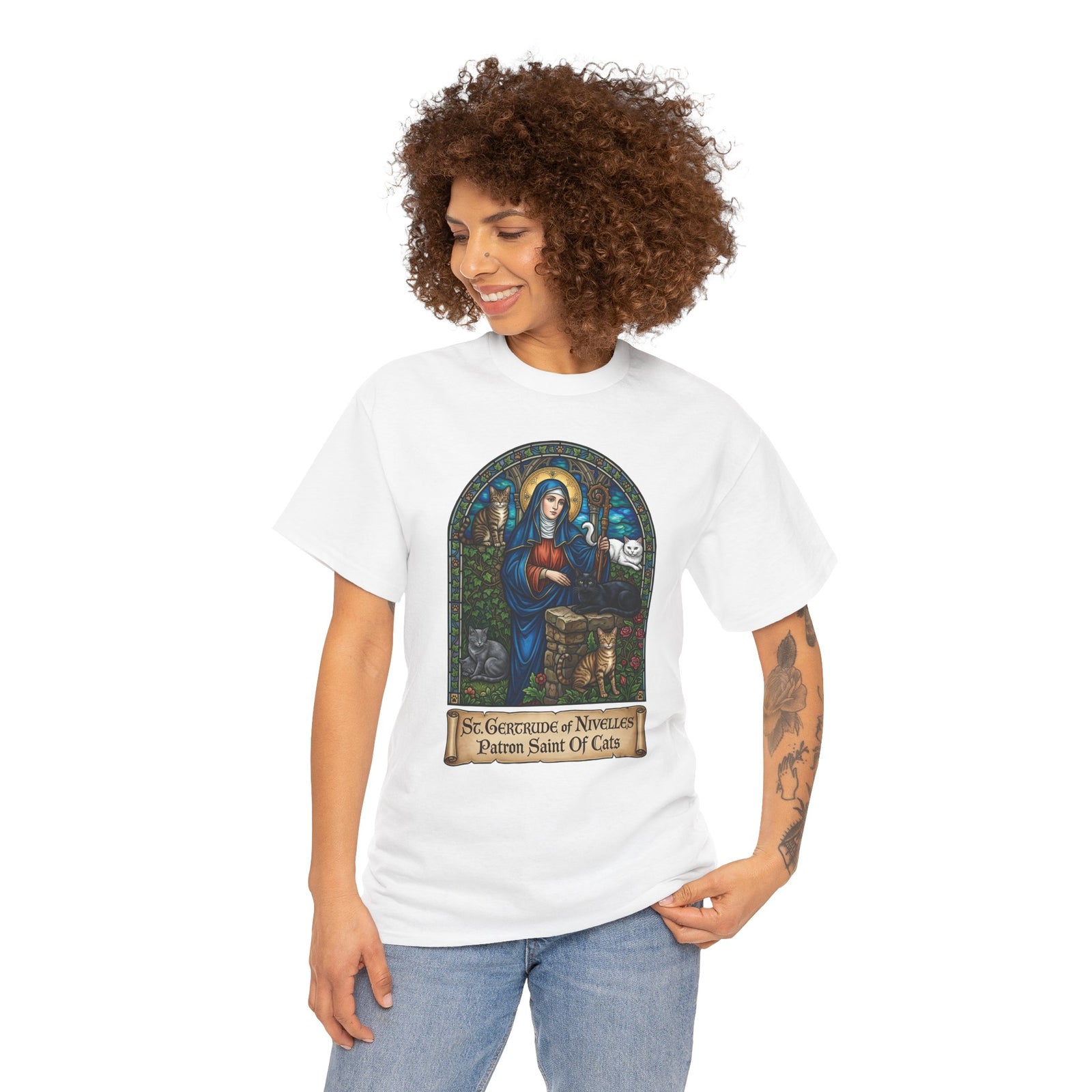 Saint Gertrude of Nivelles Cat Patron T-Shirt — Patron Saint of Cats Tee