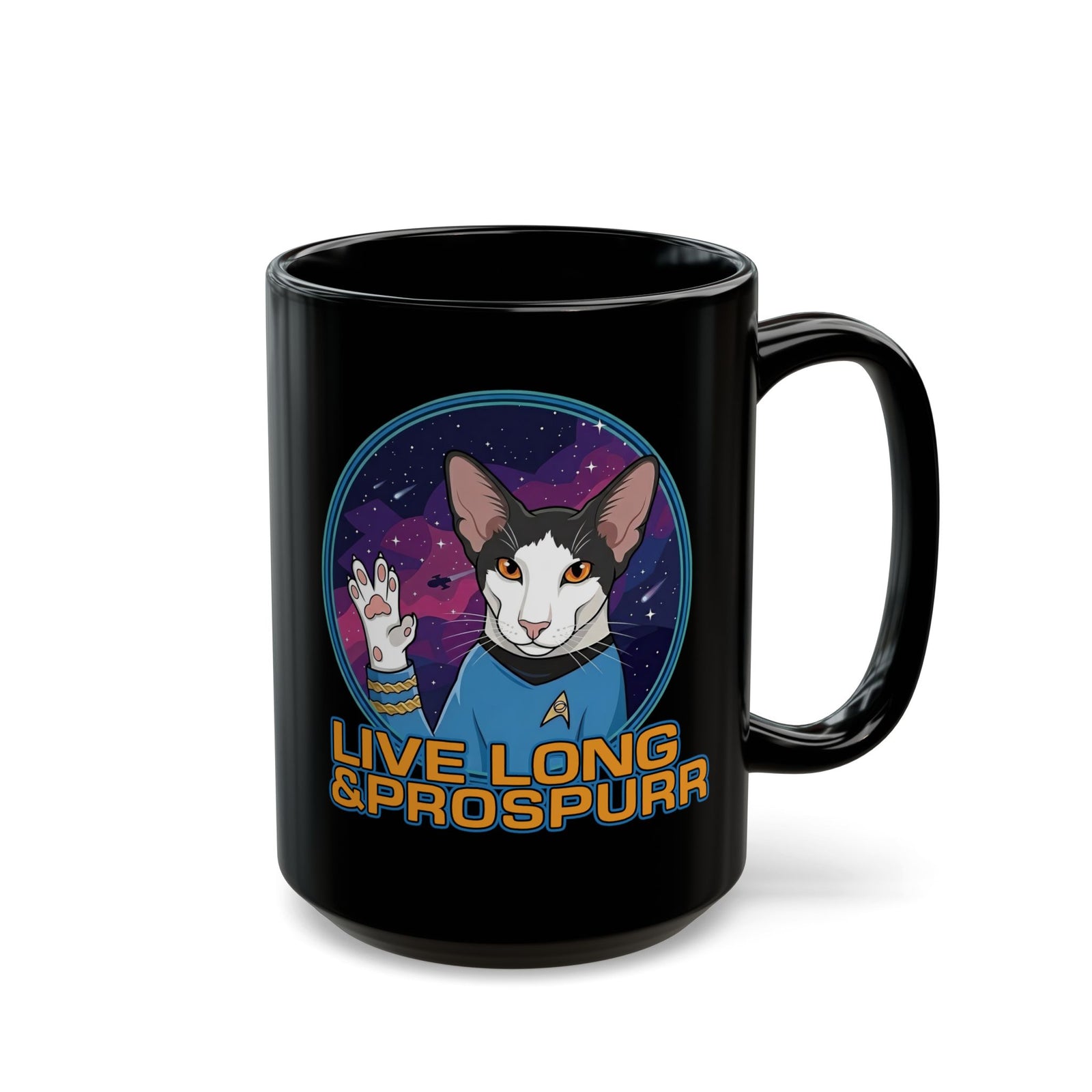 Sci‑Fi Cat 'Live Long Prospurr' Black Mug