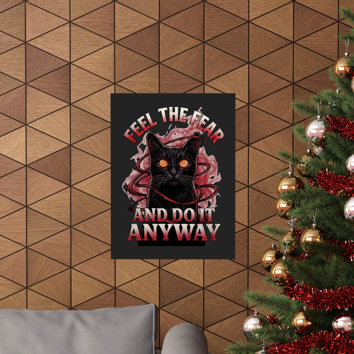 Feel The Fear And Do It Anyway Poster — Hypnotic Black Cat Horror Graphic
