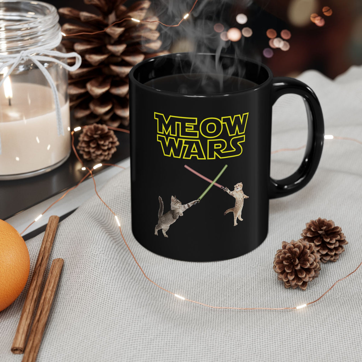 Meow Wars Black Mug — Funny Cat Lightsaber Mug