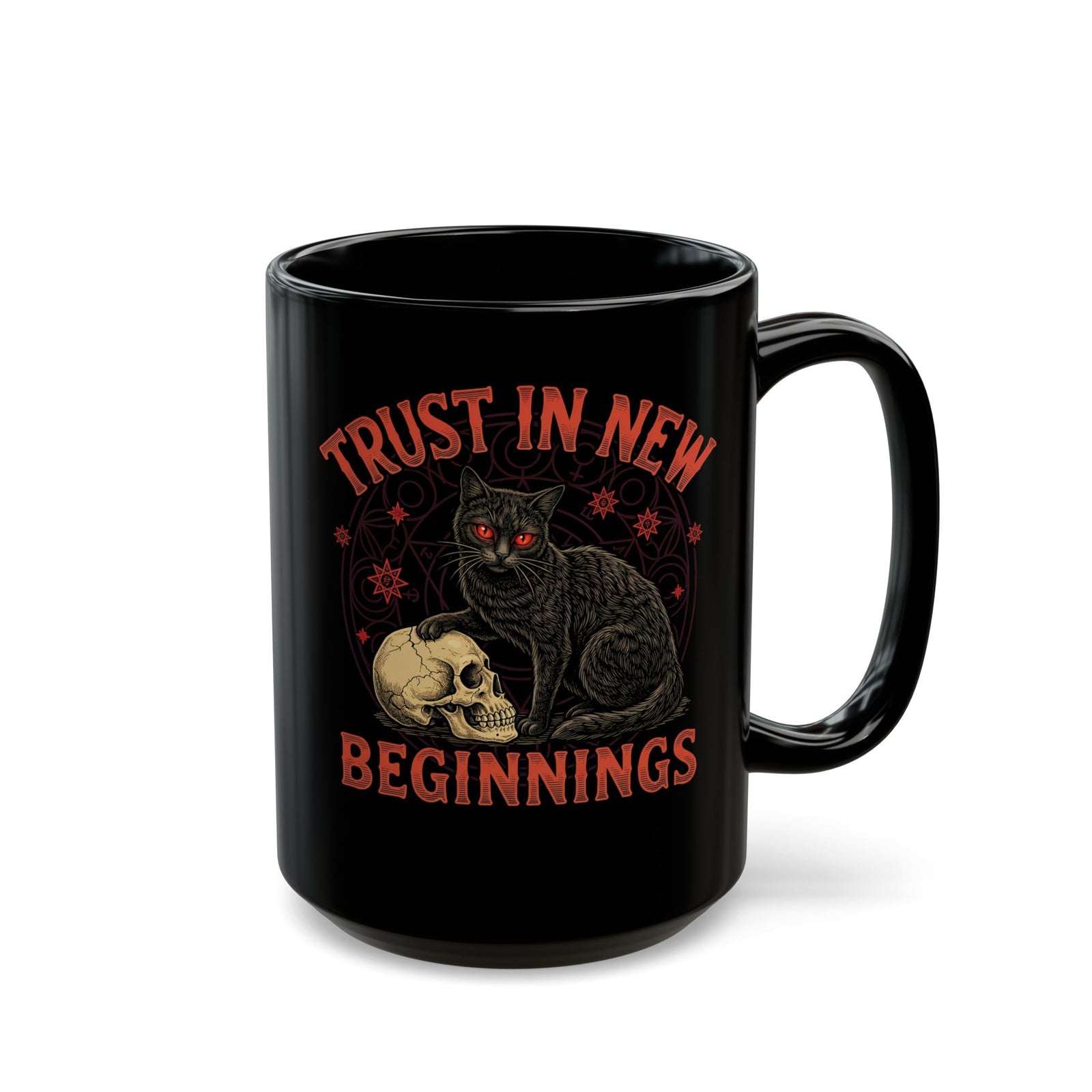Trust In New Beginnings Cat Black Mug — Occult Black Cat Skull Gothic Mug