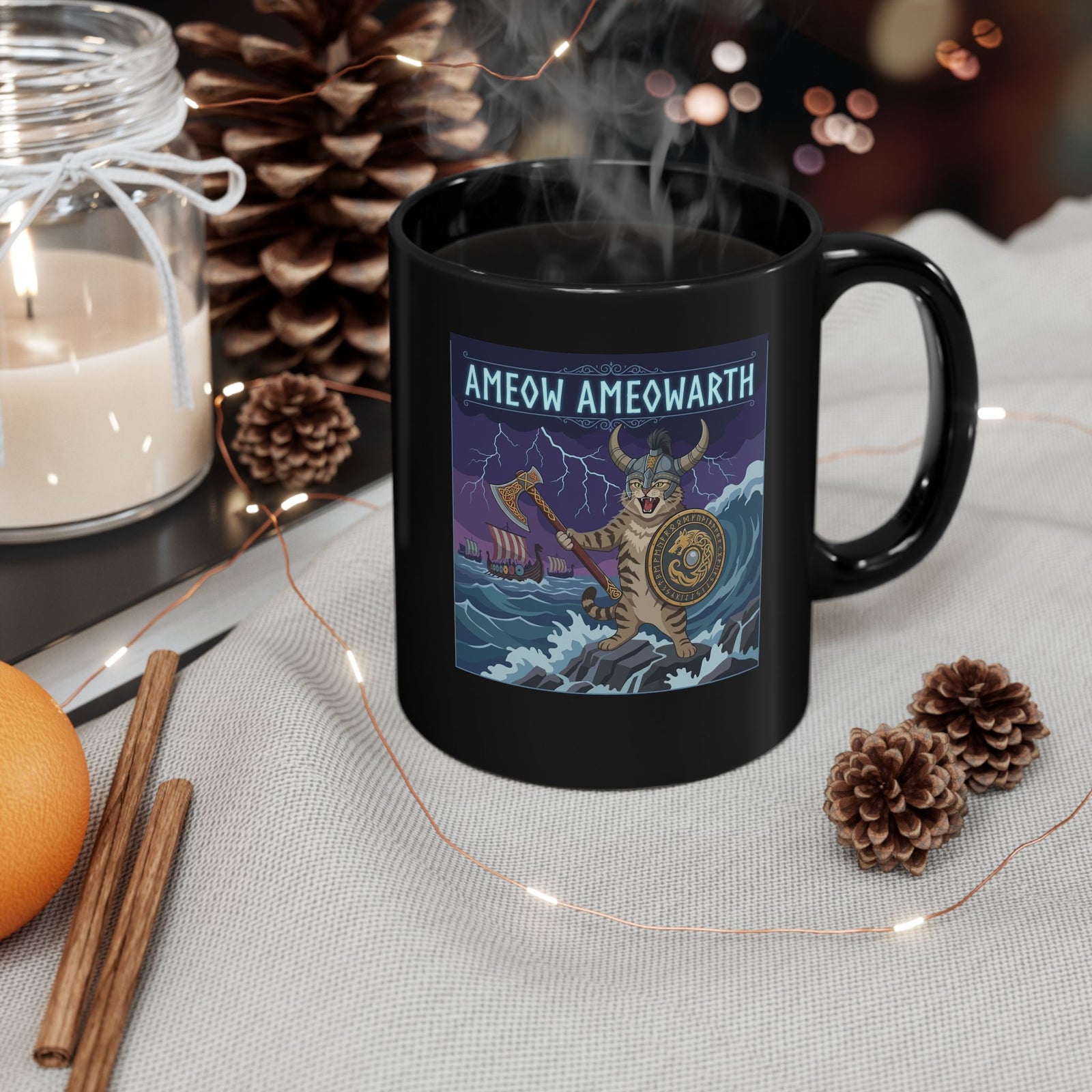 Ameow Ameowarth Cat Viking Black Mug — Funny Viking Cat Graphic Mug