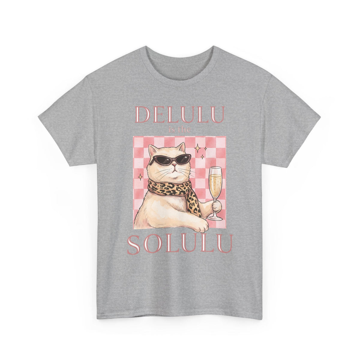 Delulu Is The Solulu T-Shirt — Funny Sassy Cat Champagne Graphic Tee