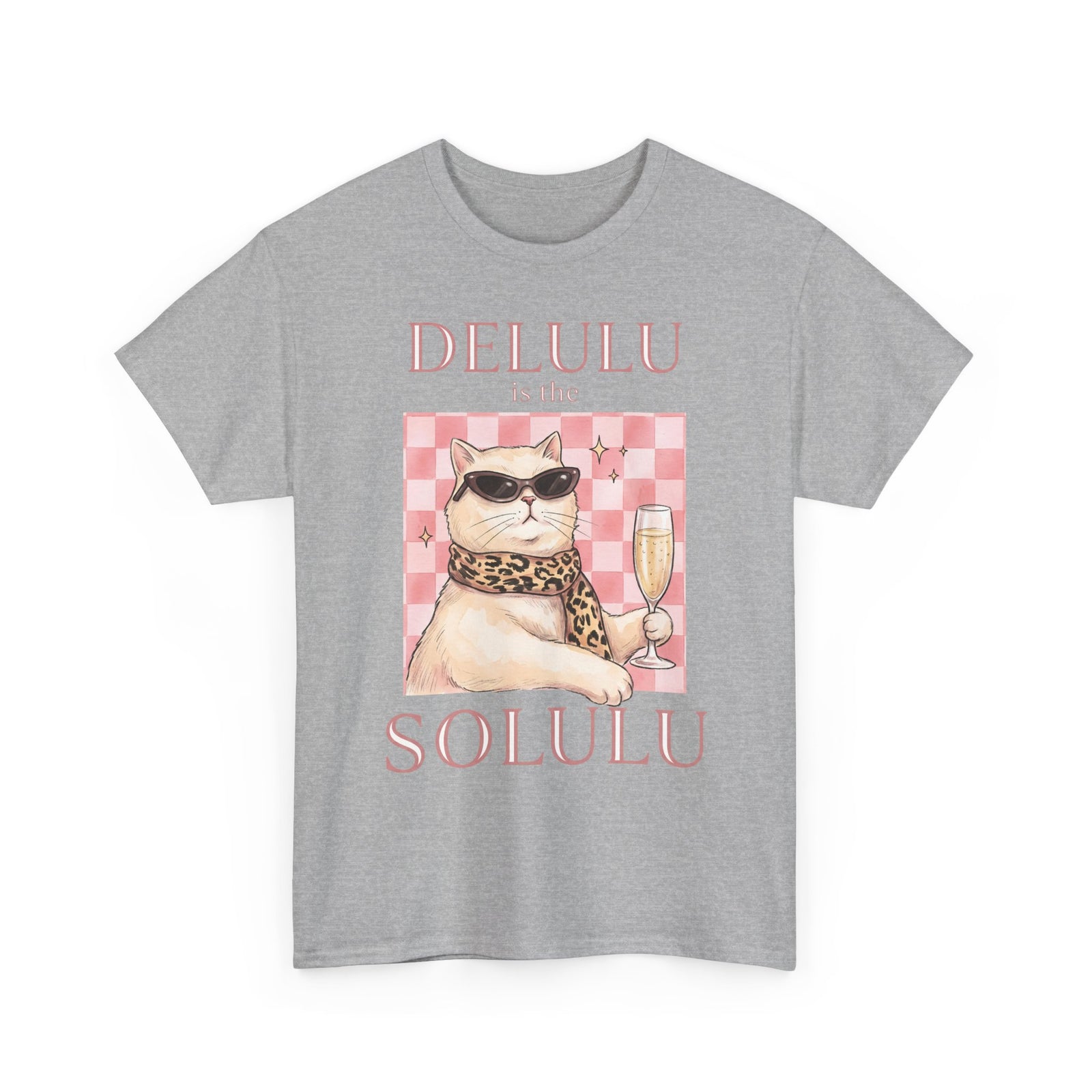 Delulu Is The Solulu T-Shirt — Funny Sassy Cat Champagne Graphic Tee