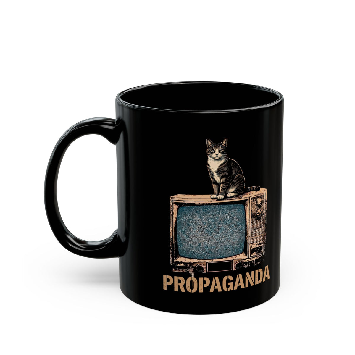 Propaganda Cat Black Mug — Funny Retro Vintage TV Tabby Mug