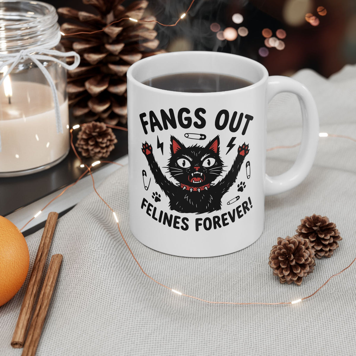 Fangs Out Felines Forever Mug — Cat Lover Graphic T‑Mug