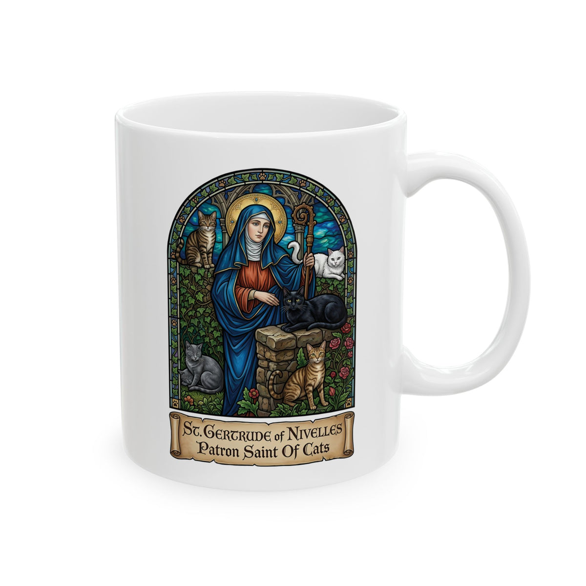 Saint Gertrude of Nivelles Cat Patron Ceramic Mug — Patron Saint of Cats Mug